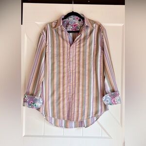 Robert Graham Men Multi Color Striped Paisley Flip Cuff Cotton Button Shirt L